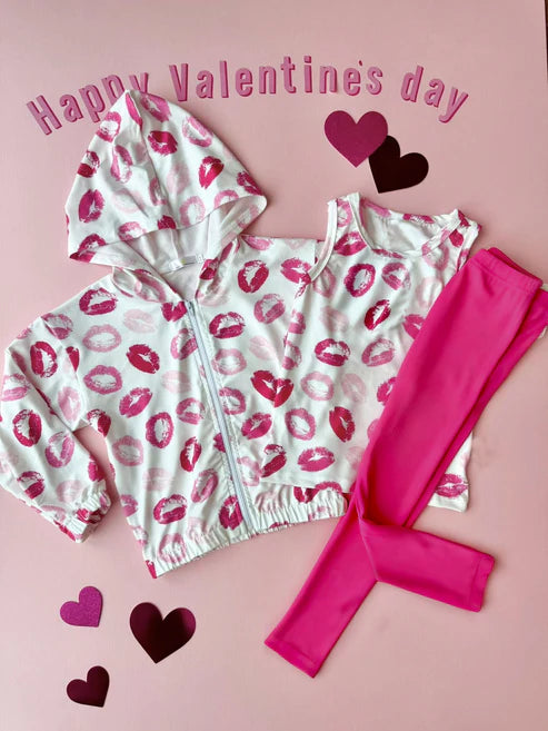 11.5 GLP3120 Baby Girls Pink Mouths Zipper Hoodies Leggings Pant Valentine Clothes Sets Preorder