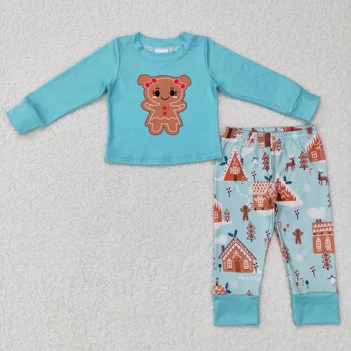 8.7 GLP0778 Girls Gingerbread Man Green Long Sleeve Pants Suit