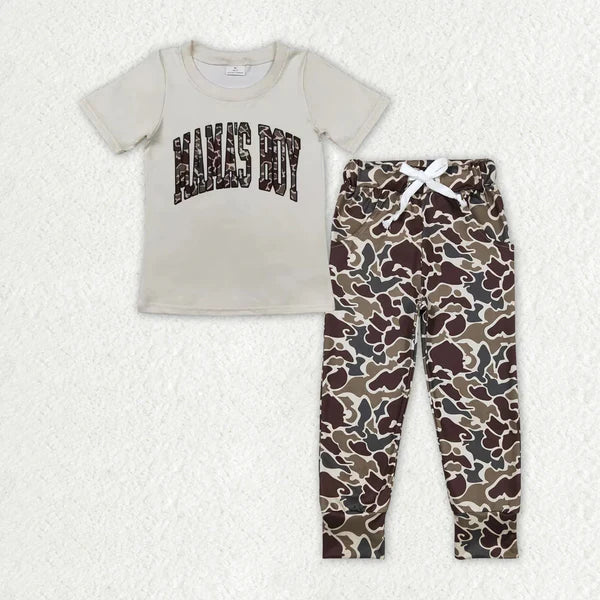 BT0792+ P0433 mama's boy Camouflage letter Beige short sleeve top Brown green beige pantsuit