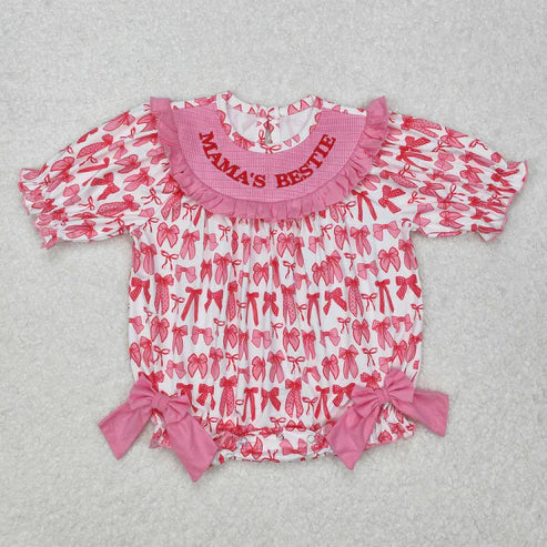 10.8 RTS NO MOQ ETA 5/7days arrived SR2620 Pink and white short-sleeved bodysuit with embroidered mama's bestie bow pattern