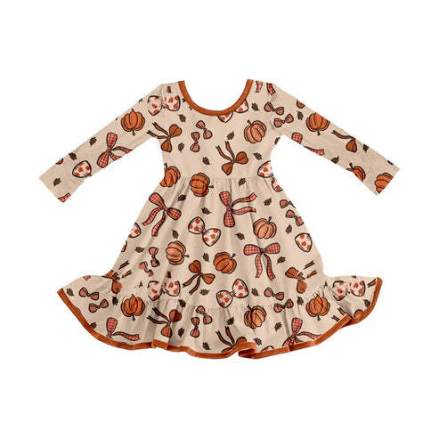 8.6 GLD1255 Baby Girls Fall Pumpkins Bows Plaid Ruffle Knee Length Dresses Preorder