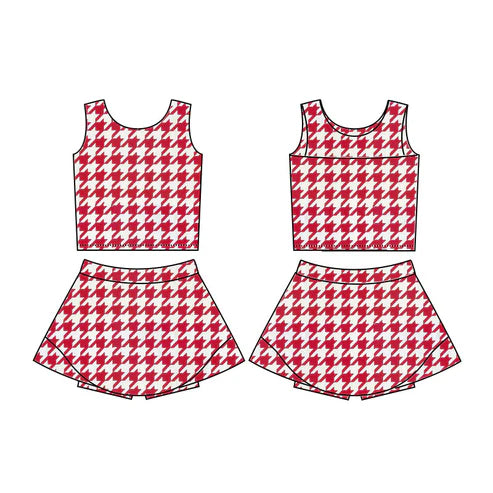 10.20 GSD2857 Baby Girls Red Checked Top Skirt Shorts Yoga Clothes Set Preorder