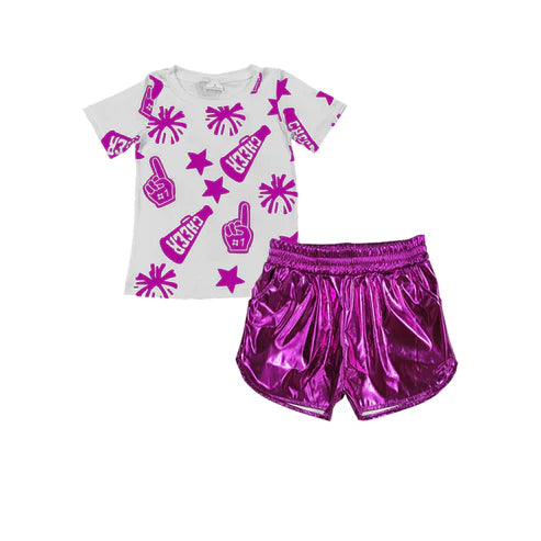 4.11 GSSO2515 Baby Girls Hot Pink Firework CHEER Top Pockets Pleather Short Set Preorder