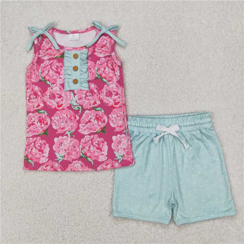 4.14 Sibling 4 colors Baby Girls Sleeveless Floral Button Top Shorts Set