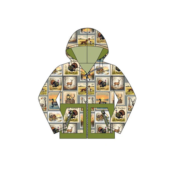 8.26 BT1336 Baby Bows Ducks Deer Turkey Plaid Pocket Zipper Huting Hoodies Top Preorder