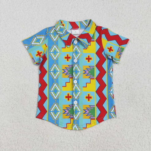 5.9  BT1225 Baby Boys Short Sleeves Colorful Aztec Print Button Shirts Top