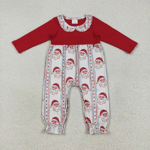 8.13 LR2331 Baby Girls Red Long Sleeves Santa Stripe Ruffle Pant Romper