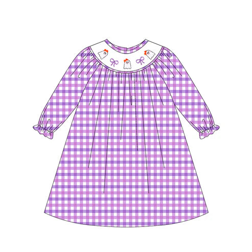 5.20 GLD1043 Baby Girls Long Ruffle Sleeves Purple Plaid Smocked Bows Ghosts Knee Length Dresses Preorder