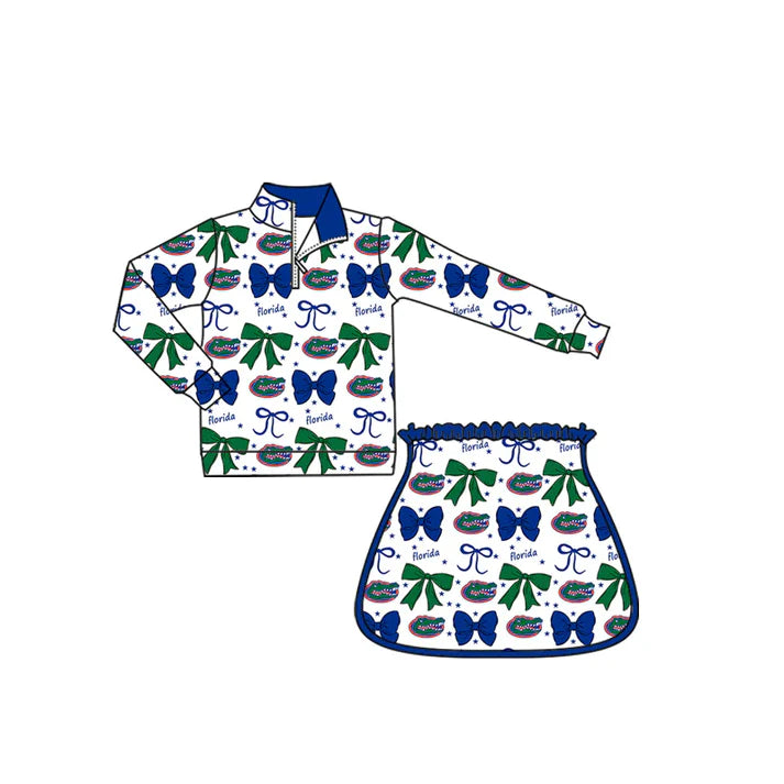 9.5 Custom Moq 5 Baby Girls Green Florida Bows Team Zip Pullovers Skort Team Clothes Sets