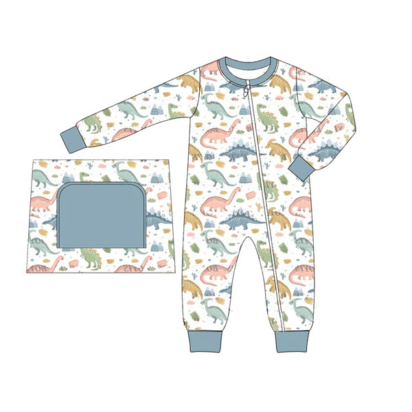 5.27 LR1938 Baby Infant Boys Blue Dinosaurs Zip Long Sleeve Rompers preorder