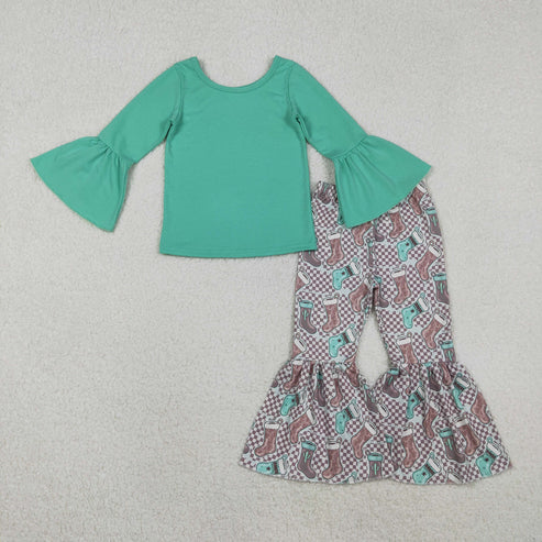 11.8 GLP3036 Baby Girls Aqua Top Cactus Boots Bell Bottom Pants Western Clothes Set