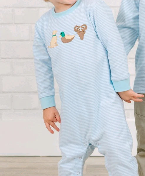 5.24 LR1895 Baby Infant Boys Blue Stripes Dog Duck Deer Hunting Rompers preorder