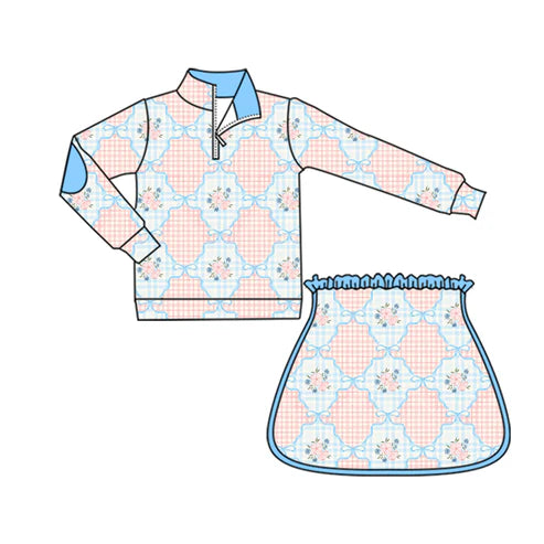 6.5 GLD1095 Baby Girls Long Sleeves Pink Flowers Plaid Zipper Top Skorts Yoga Set Preorder