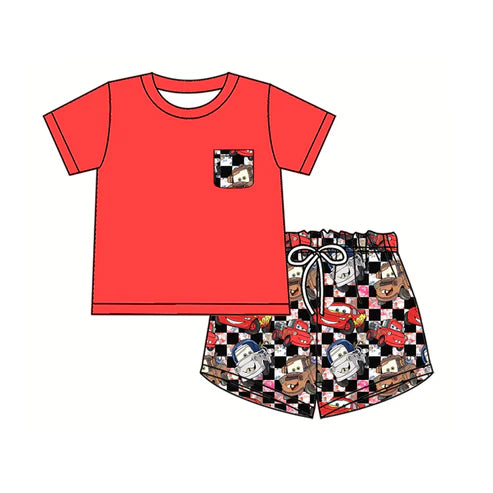 3.17 BSSO1400 Baby Boys Pocket Top Black Checkered Cartoon Cars Shorts Clothes Sets preorder