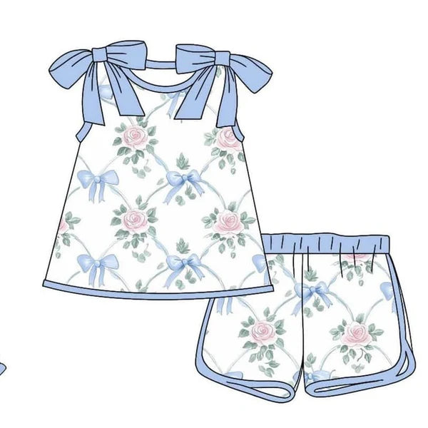 4.4 GSSO2482 Baby Girls Strap Bows Floral Tunic Short Set Preorder