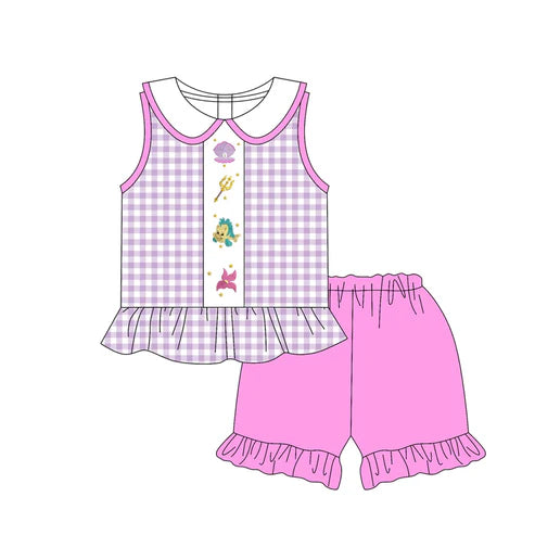 4.11 GSSO2510 Baby Girls Lavender Plaid Cartoon Fish Tunic Ruffle Short Set Preorder