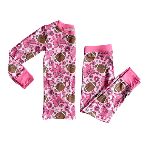 8.7GLP2699 Baby Girls Pink Bows Flowers Football Top Pant Team Pajamas Set Preorder