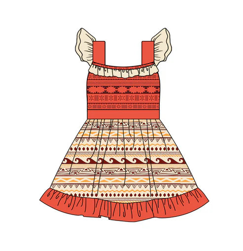 4.12 GSD2394 Baby Girls Aztec Flutter Sleeves Patchwork Knee Length Dresses Preorder