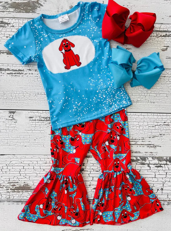 E5-16 Girls blue top red dog bell pants suit