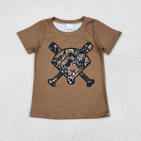 11.26 BT1420 Baby Boys Dark Brown Camo Baseballs Short Sleeve Team T-shirts Top