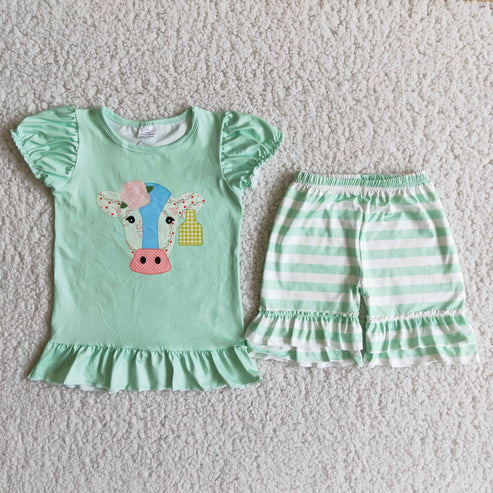 4.28 RTS NO MOQ B9-1 Cow head green top striped pants