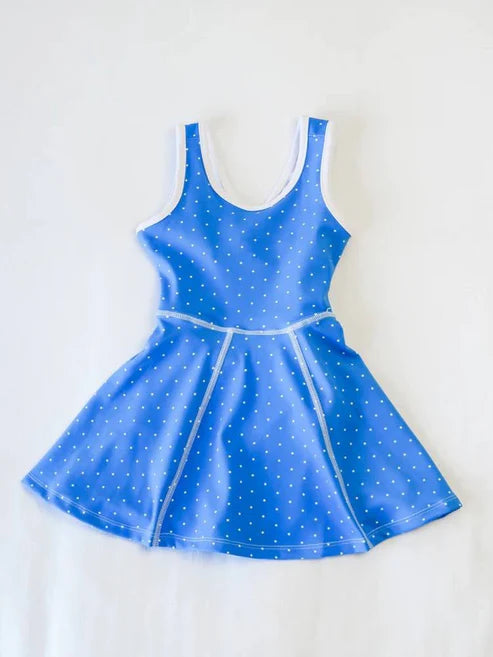 4.23 GSD2488 Baby Girls Blue Sleeveless Polka Dots Yoga Knee Length Dresses Preorder