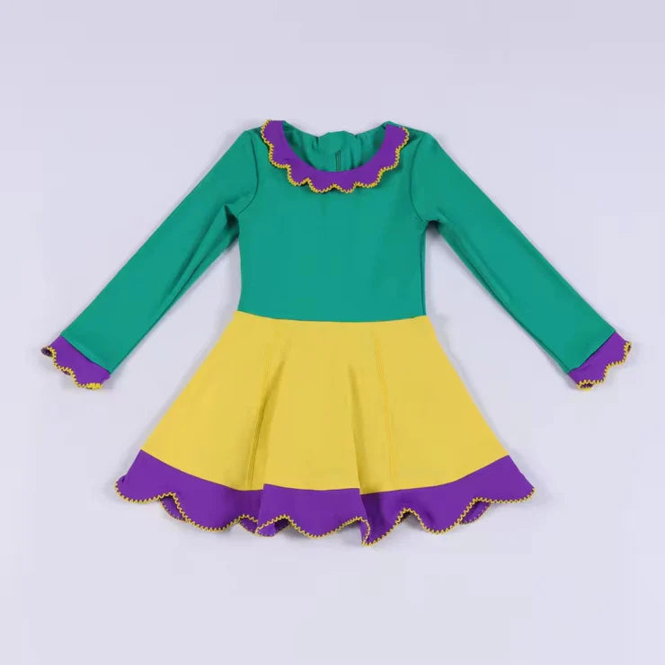 11.22 MOQ:5pcs GLD1518 pre-order toddler girl clothes mardi gras print girl winter yoga dress
