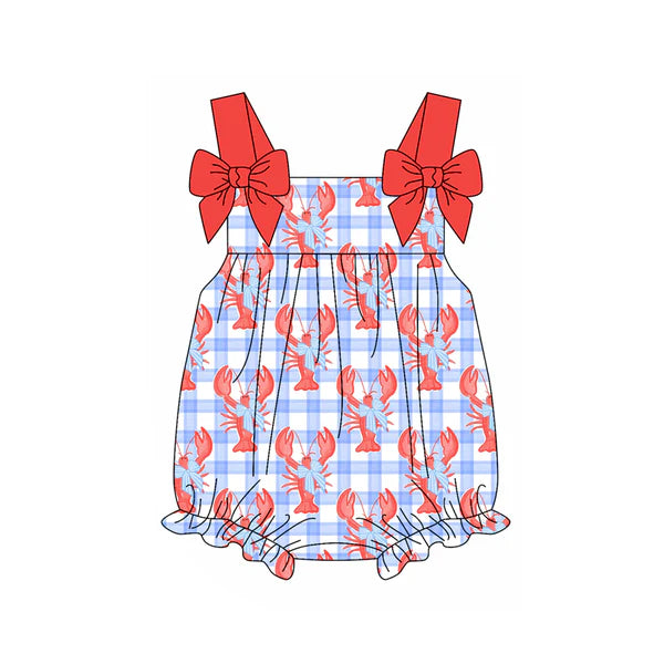L-3.5 SR2730 Baby Infant Girls Blue Checkered Crawfish Bow Rompers preorder