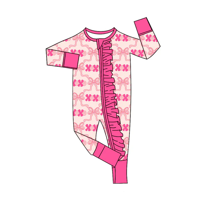 9.27 LR2699 Baby Girls Pink Bows XOXO Valentine Ruffle Zipper Footie Rompers Preorder
