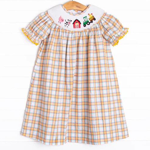 3.25 GSD2276 Baby Girls Orange Plaid Short Ruffle Sleeves Smocked Cows Pigs Farm Knee Length Dresses Preorder