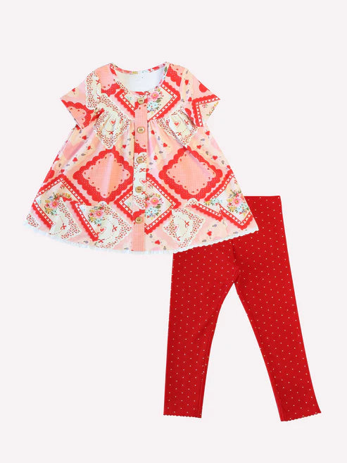 10.20 GSPO2098 Baby Girls Red Flowers Button Pockets Tunic Polka Dots Leggings Valentine Clothes Sets Preorder
