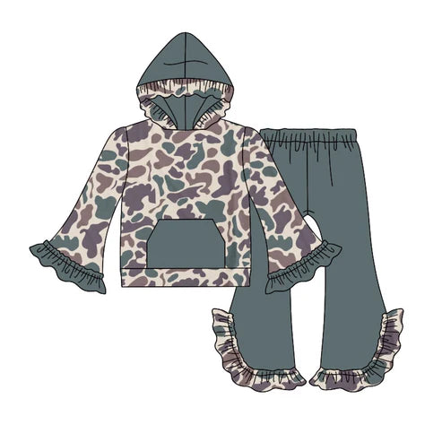 5.30 GLP2033 Baby Girls Dark Green Camo Hooded Top Bell Pants Clothes Sets Preorder