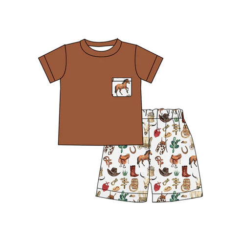 4.22 BSSO1501 Baby Boys Brown Short Sleeves Pocket Top Cactus Horse Short Set Preorder
