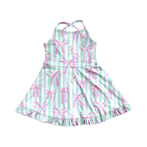 3.31 GSD2297 Baby Girls Strap Green Bow Stripe Pink Bows Yoga Ruffle Knee Length Dresses Preorder