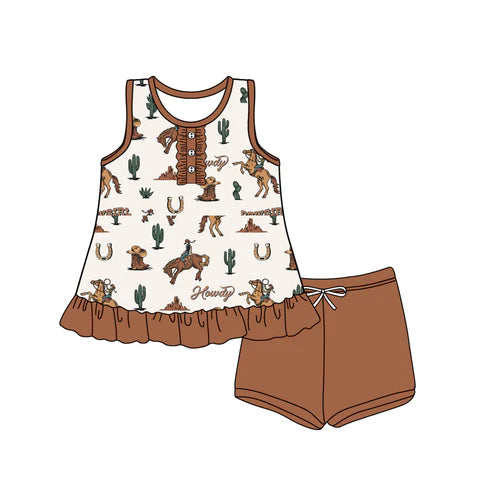 3.28 GSSO2448 Baby Girls Brown Sleeveless Button Horse Rodeos Cactus Tunic Short Set Preorder