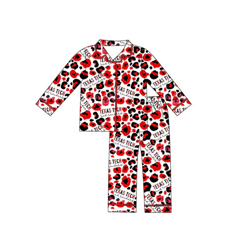9.9 Custom Moq 5 Baby Girls Texas Tech Team Buttons Red Leopard Top Pants Pajamas Clothes Sets