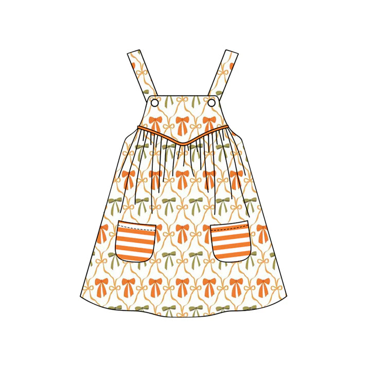 6.12 GSD2676 Baby Girls Straps Orange Bows Plaid Stripe Pockets Knee Length Dresses Preorder