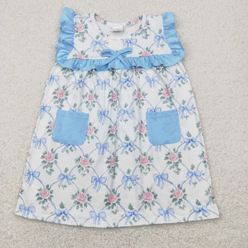 4.25 GSD2230 Baby Girls Sleeveless Blue Bows Floral Pockets Top Knee Length Dress