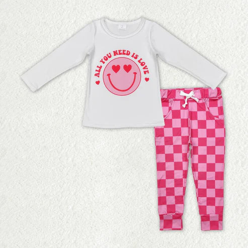 3.18 GT0388+P0700 Baby Girls Valentines Smile Hearts Top Checkered Pants Clothes Set