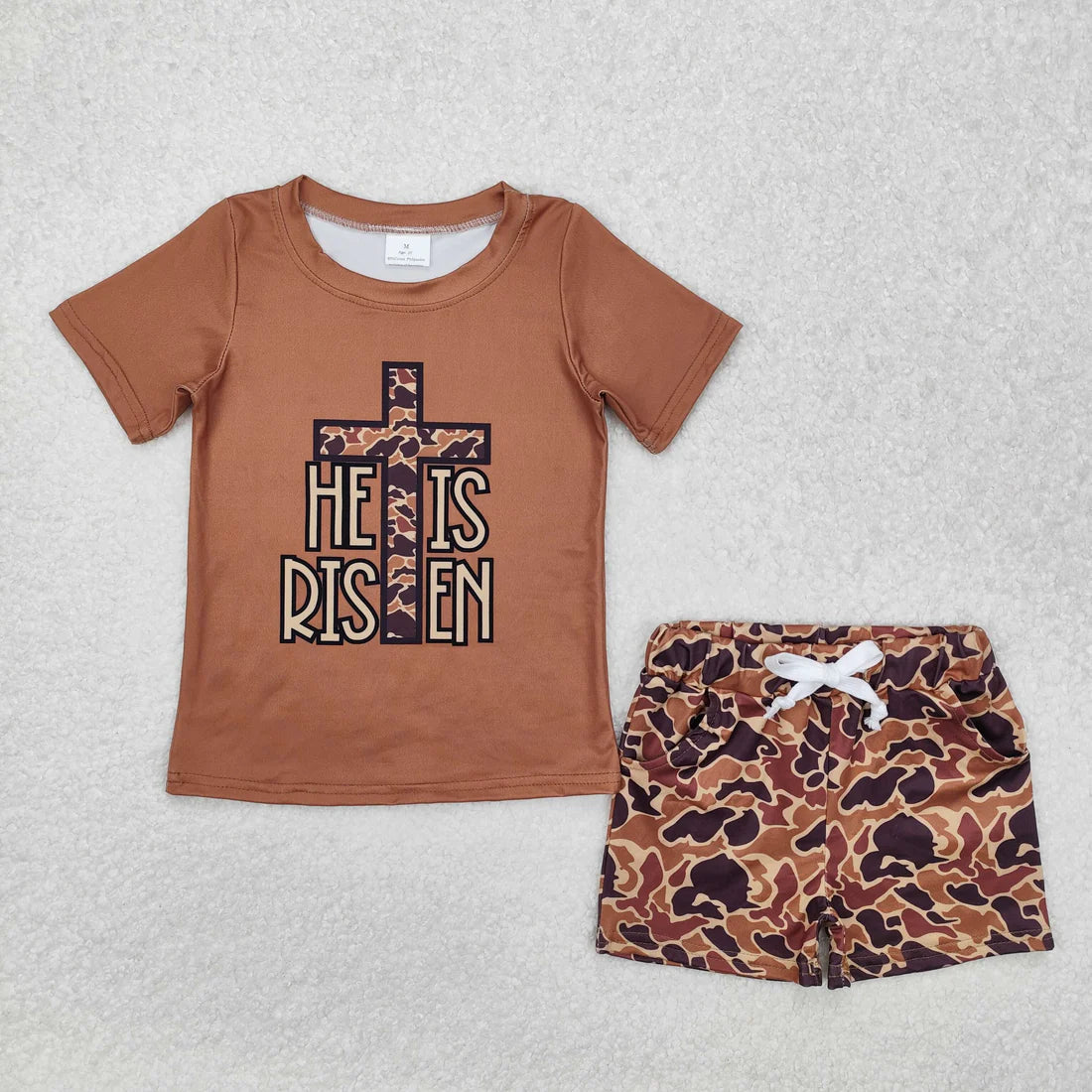 BSSO1162 Baby Boys He Is Risen Cross Camo Shirt Shorts Clothes Set