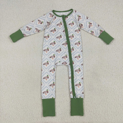 11.1 Sibling Boys Green Ducks Checked Pajamas Clothes Sets Zipper Rompers Blankets
