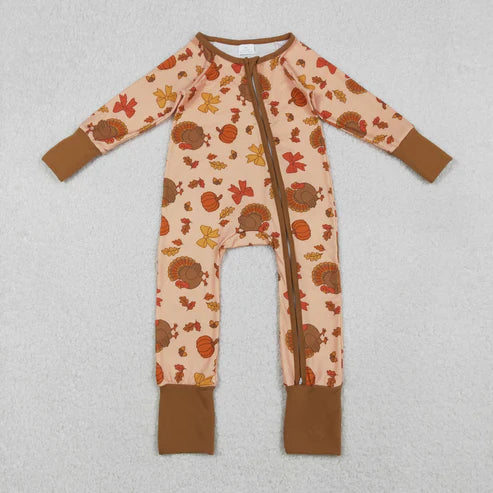 10.25 LR2689 Baby Boys Bows Turkey Pumpkins Thanksgiving Zipper Footie Romper