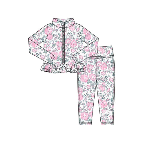 10.25 GLP2999 Baby Girls Pink Flowers Zipper Jackets Ruffle Top Leggings Yoga Clothes Sets Preorder