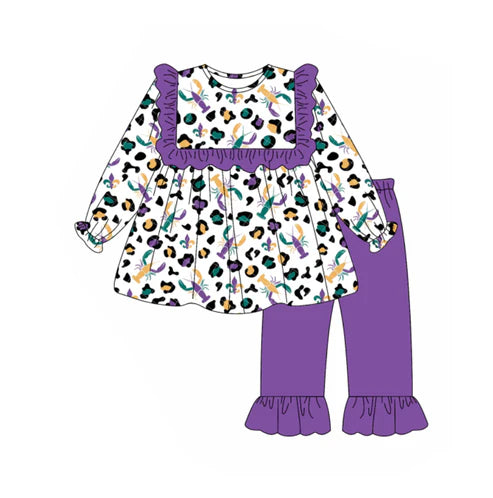 9.19 GLP2855 Baby Girls Mardi Gras Leopard Crayfishes Tunic Ruffle Pants Clothes Sets Preorder