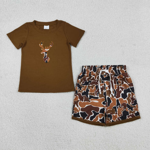 12.3 BSSO1575 Embroidery Camo Deer Baby Boys Brown Top Shorts Hunting Clothes Set