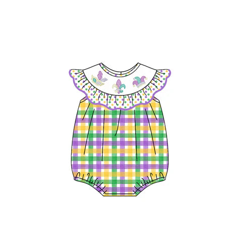 10.1 SR3253 Baby Girls Mardigras Checked Anchors Ruffle Rompers Preorder