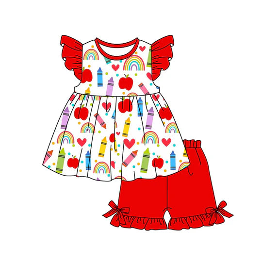 12.26 MOQ:5pcs GSSO3081 pre-order toddler girl clothes apple print girl back to school summer set