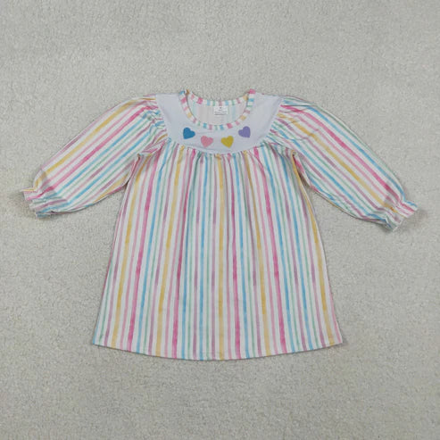 11.5 GLD1335 Embroidery Baby Girls Colorful Stripes Hearts Valentine Knee Length Dress