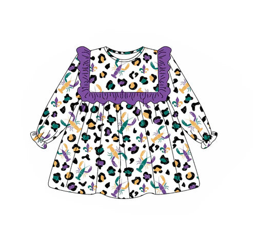 9.19 GLD1307 Baby Girls Mardi Gras Leopard Crayfishes Ruffle Sleeve Knee Length Dresses