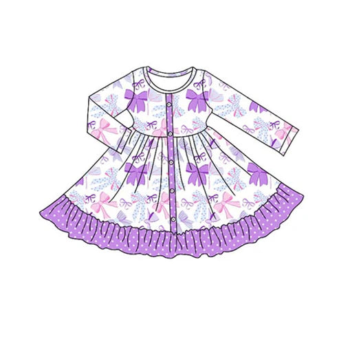 8.22 GLD1271 Baby Girls Purple Bows Plaid Button Ruffle Knee Length Dresses Preorder